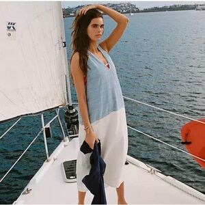 Free People Roadtripping Blue and White V-Neck Midi Dress